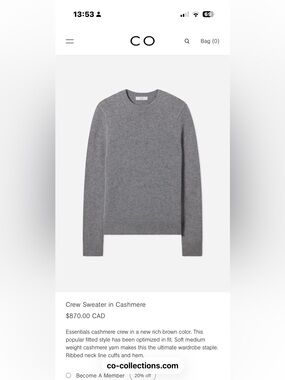 Final Price- No Offers! Co Gray Crewneck Sweater in Thick Cashmere- Size Small